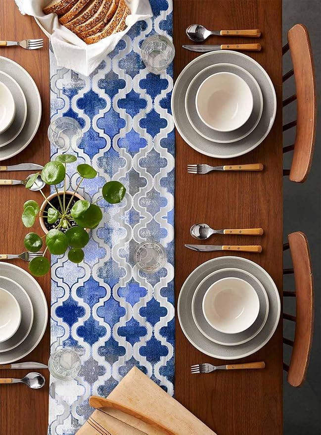Blue Morocco Plaid Cotton Linen Table Runner for Dining Kitchen, Wedding Outdoor Party Tablerunners Decoration, Distressed Abstract Painted Vintage Dresser Scarf Coffee Tablecloth Runners 13''x108''