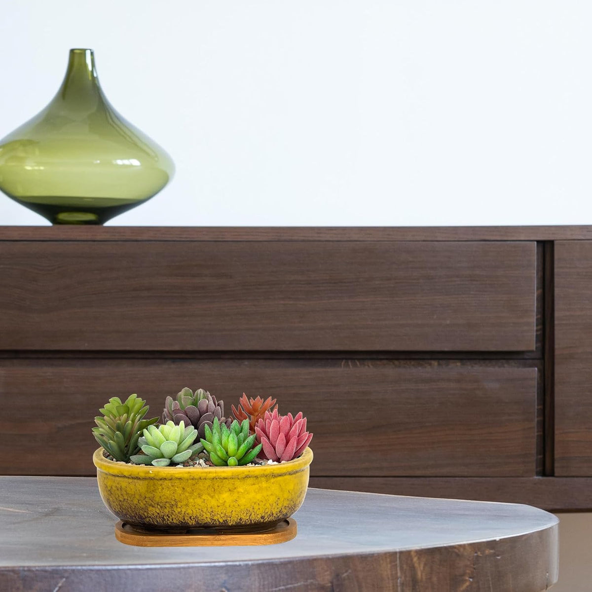 Succulent Pots, 7.9 Inch Long Rectangular Succulent Planters with Drainage Tray, Shallow Planters for Indoor Plants Ceramic Cactus Pots Glazed Bonsai Flower Plant Container for Home Windowsill Decor