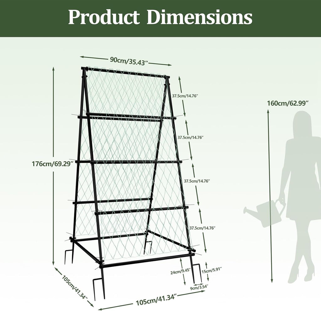 unho Garden Trellis for Climbing Plants with Tough Nylon Netting, 6ft Tall Sturdy Rustproof Metal Plant Support Tower for Vegetable Fruit Vine Cucumber Garden Lightweight，Outdoor
