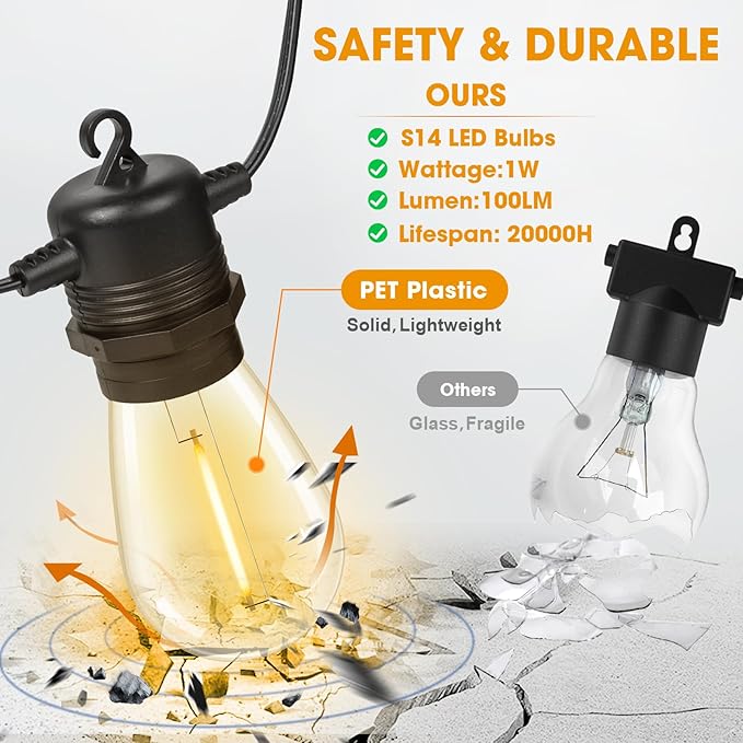 50FT LED Outdoor String Lights with 17 Shatterproof Waterproof S14 Replaceable Bulbs(2 Spare), 2700K Commercial Grade Patio Lights, Outside Hanging Light for Yard Garden Porch Deck Decor