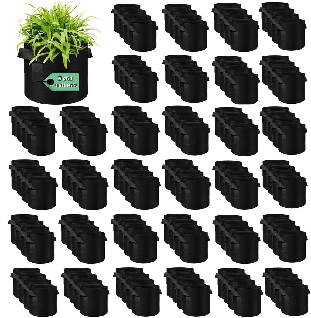 150-Pack 5 Gallon Grow Bags Bulk, Heavy Duty Thickened Nonwoven Fabric Pots with Handles, Felt Breathable Planter Bag, Garden Growing Bag for Vegetable Flower Plants Fruits, Black