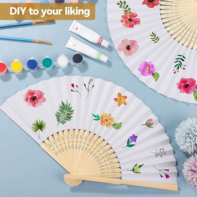 Aneco 24 Pieces Handheld Paper Fans Paper Folding Fans with Bamboos for Wedding Gift, Party, Home, DIY, White…