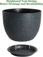 12/10/9 Large Modern Plant Pots, Plastic Planters with Drainage Holes and Saucers for Indoor Outdoor Plants Flowers, Black with Green Speckles