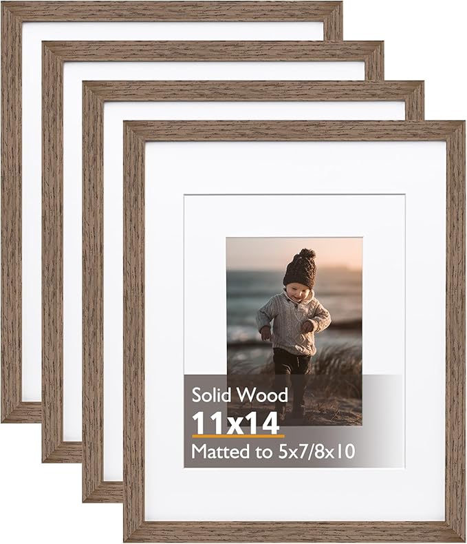 KINLINK 11x14 Picture Frame Rustic brown, Solid Wood Frames with Acrylic Plexiglass for Pictures 5x7/8x10 with Mat or 11x14 without Mat, Tabletop and Wall Display, Set of 4