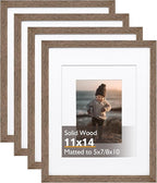 KINLINK 11x14 Picture Frame Rustic brown, Solid Wood Frames with Acrylic Plexiglass for Pictures 5x7/8x10 with Mat or 11x14 without Mat, Tabletop and Wall Display, Set of 4