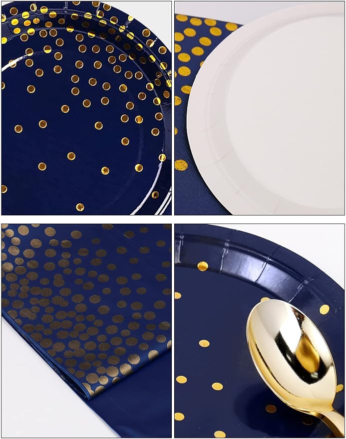 141 Pieces Navy Blue Gold Party Supplies, Party Dinnerware Sets Include Paper Plates Napkins Cups Silverware, for Wedding Bridal Shower Engagement Birthday Parties Decoration -20 Serves