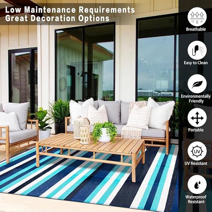 Outdoor Waterproof Rug 9'x12' Plastic Straw Rugs Washable Reversible Floor Mat Blue Stripe Carpet for Camping RV Deck Entryance Porch Picnic Balcony Beach Backyard
