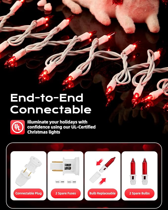 Brightown Red Mini String Lights, 100-Count 26.5ft Incandescent Bulb Valentine's Day Fairy Lights for Indoor Holiday Decoration, Christmas Tree Garland Wedding Party Multi-Use, White Wire