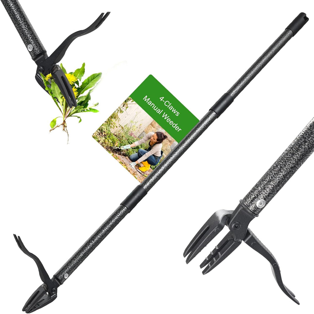 Weed Puller Tool, Stand Up Manual Weeder, Heavy Duty Garden Weeding Tool with 60 inch Long Handle,4 Claw Steel Head, Uprooting Dandelion Removal Gardening Tools for Lawn Grass Grabber