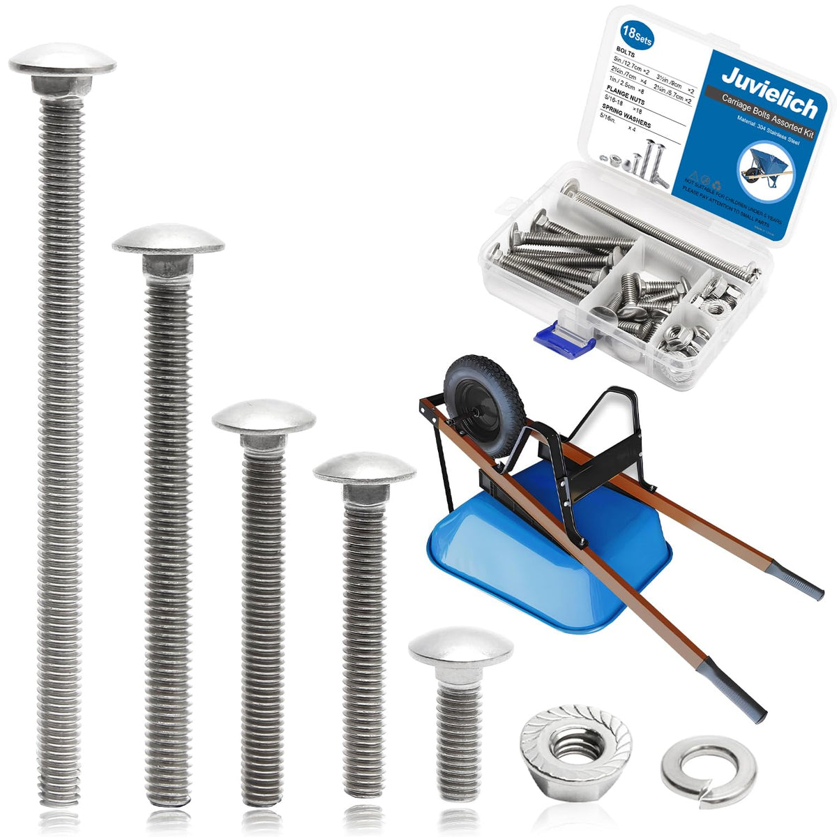 5/16-18 Carriage Bolts Set 40pcs Wheelbarrow Handles Replacement Kit 304 Stainless Steel Nut and Bolt Set Assortment Kit Compatible for Jackson Wheelbarrow Rebuild, Furniture Repair, Wood Joining