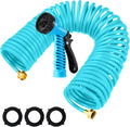 Pangda 25 Ft x 3/8'' Coil Garden Hose EVA Recoil Garden Self Coiling Expanding Water Hose with 6 Function Spray Nozzle Universal 3/4'' Brass Connector Fitting for Outdoor Yard(Blue)