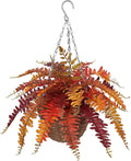 Hollyone Fall Hanging Baskets Small Artificial Fern Orange 21 Leaves Fall Hanging Decor Plant Boston Ferns Silk Plants with Brown Rattan Baskets Outdoors Indoor Fake Fern Autumn Decorations for Home