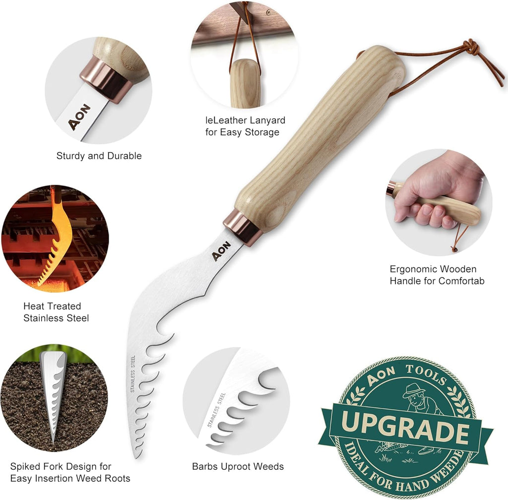 AON 2-Pack Hand Crack Weeder Puller Tool Set - Made with Heat Treated Steel and Ash Wood Ergonomic Handles, Weeding Tools Ideal for Gardens and Patio Lawns to Effectively Pull Out Weeds & Their Roots
