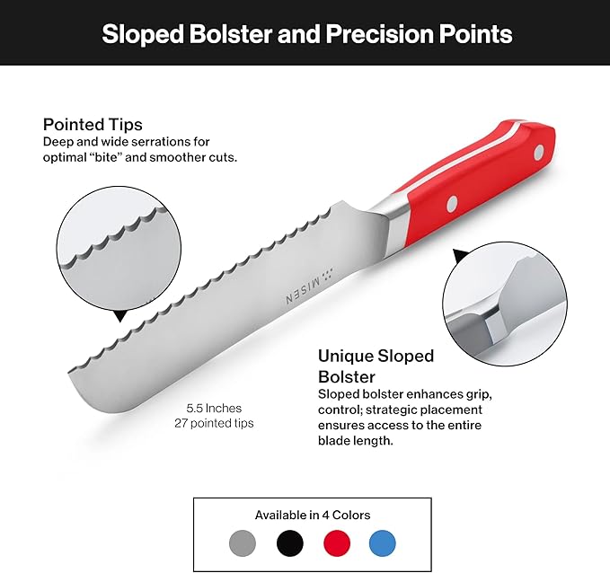 Misen Serrated Bread Knife – High-Carbon Japanese AUS8 Steel – Effortless Slicing of Bread, Pastries, and Fruits – Razor-Sharp Edge and Durable Blade with Ergonomic Handle - 5", Red