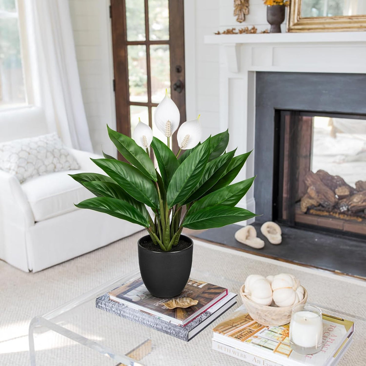 Fake Plants 20'' Faux Plants Artificial Potted Plants Indoor Realistic White Anthurium Artificial Flowers, Fake Potted Plants for Home Office Farmhouse Kitchen Bathroom Table Shelf Decor