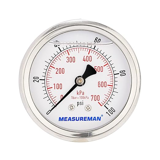 MEASUREMAN 2-1/2inch Dial Size, Glycerin Filled Pressure Gauge, 0-100psi/kpa, 304 Stainless Steel Case, 1/4 Inch NPT Center Back Mount