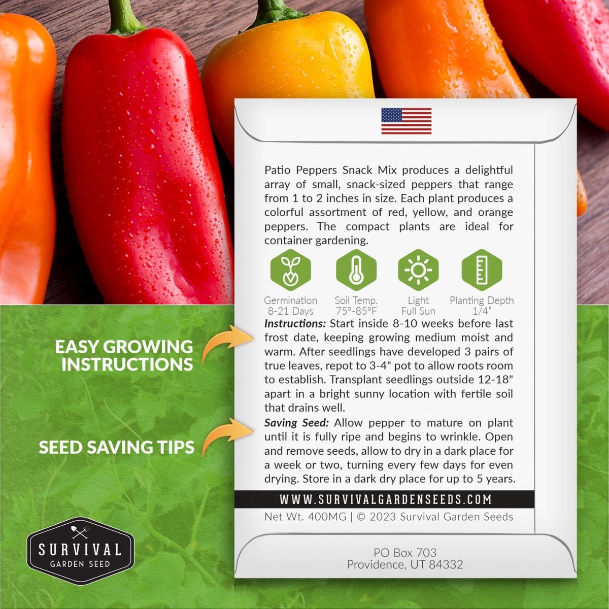 Patio Snack Mix Mini Sweet Pepper Seeds for Planting | Compact Lunchbox-Style Heirloom Variety – Non-GMO Container Garden Peppers – Survival Garden Seeds (1 Pack)