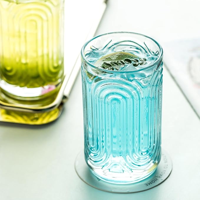 INSETLAN Set of 6 Vintage Glassware - 14 oz Water Drinking Glasses, Art Deco Ripple Glass Cup, Cocktail Glasses, for Bar Beverages Ice Coffee Juice, Housewarming Presents, New House Essentials