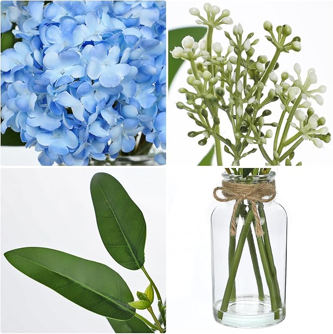 Hollyone Blue Hydrangea Artificial Flowers in Clear Glass Vase with Faux Water Silk Hydrangeas Fake Flowers Floral Arrangement for Home Bathroom Kitchen Office Table Centerpiece Shelf Decorations
