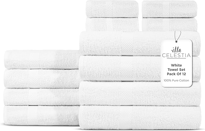 100% Cotton Bath Towel Set of 12-4 Bath Towels, 4 Hand Towels, 4 Wash Cloths, Sustainable, Soft, Highly Absorbent, Combed Cotton 12 Piece Set for Hotels, Spa, Bathroom, Dorm, White