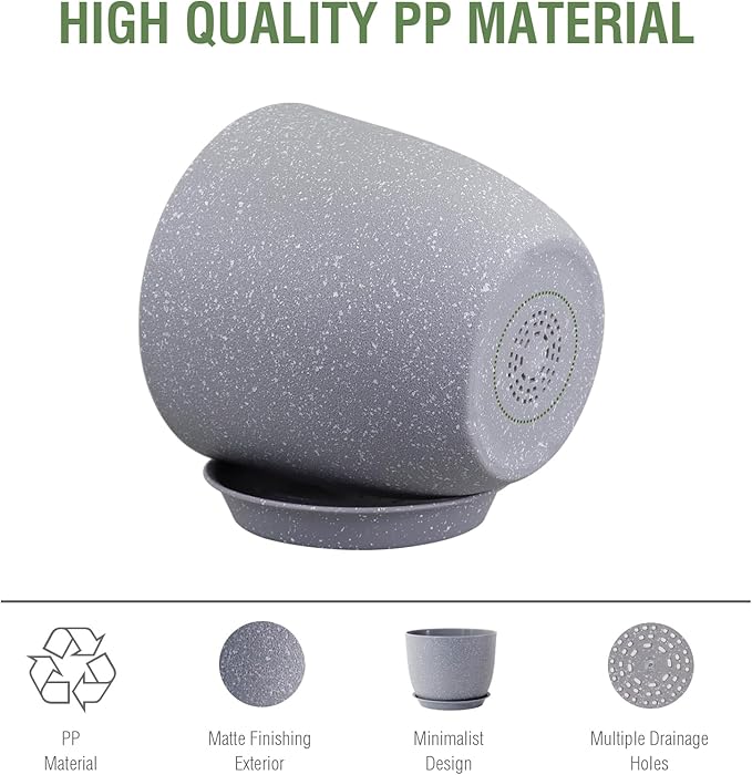 Plant Pots 12 inch, Plastic Planters with Drainage Holes and Saucers, Large Flower Pots for Indoor Outdoor Plants, Modern Decorative Pots for Garden House Plants, Speckled Grey