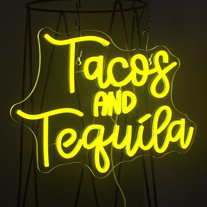 Looklight Tacos and Tequila Neon Sign,Taco Led Neon Signs for Wall Decor,Lemon-yellow Neon Light Sign,Letters USB Connectivity Neon Light Up Sign for Fast Food Shop Bar Kitchen Mexican Restaurant