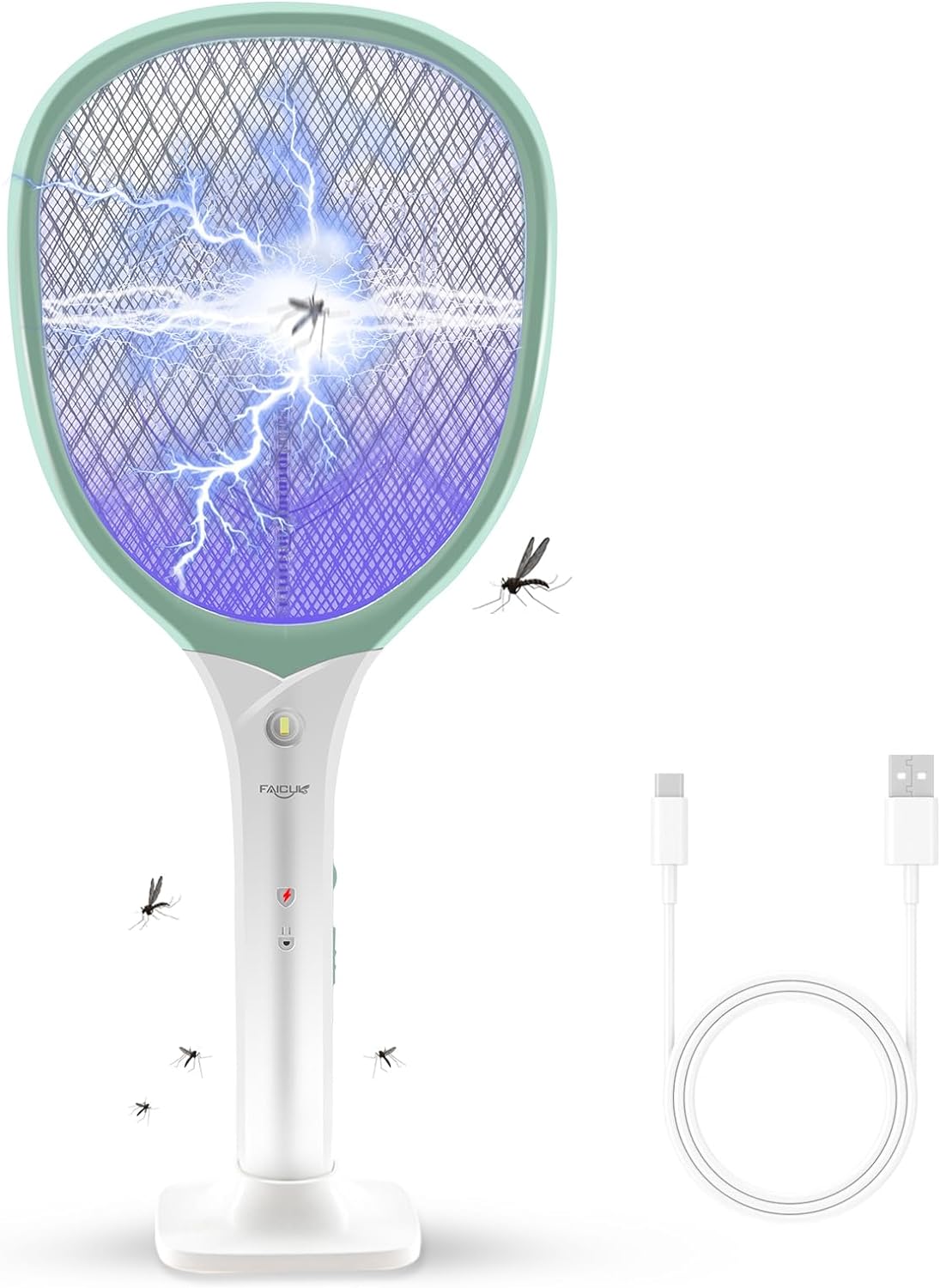 Faicuk Rechargeable Handheld Bug Zapper Racket 2 in 1 Electric Fly Swatter (2 in 1 Green)