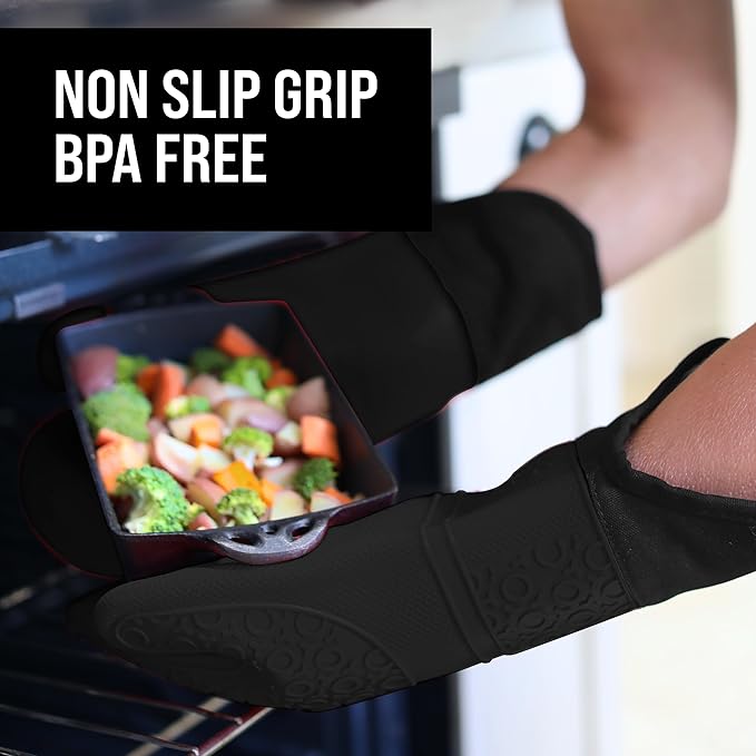 BPA-Free Silicone Oven Mitts Ultra Heat Resistant up to 500°F - Oven Mitts with Thick Cotton Liner - Long Slip Resistant Pot Holders, Flexible Oven Gloves - Black 14.7