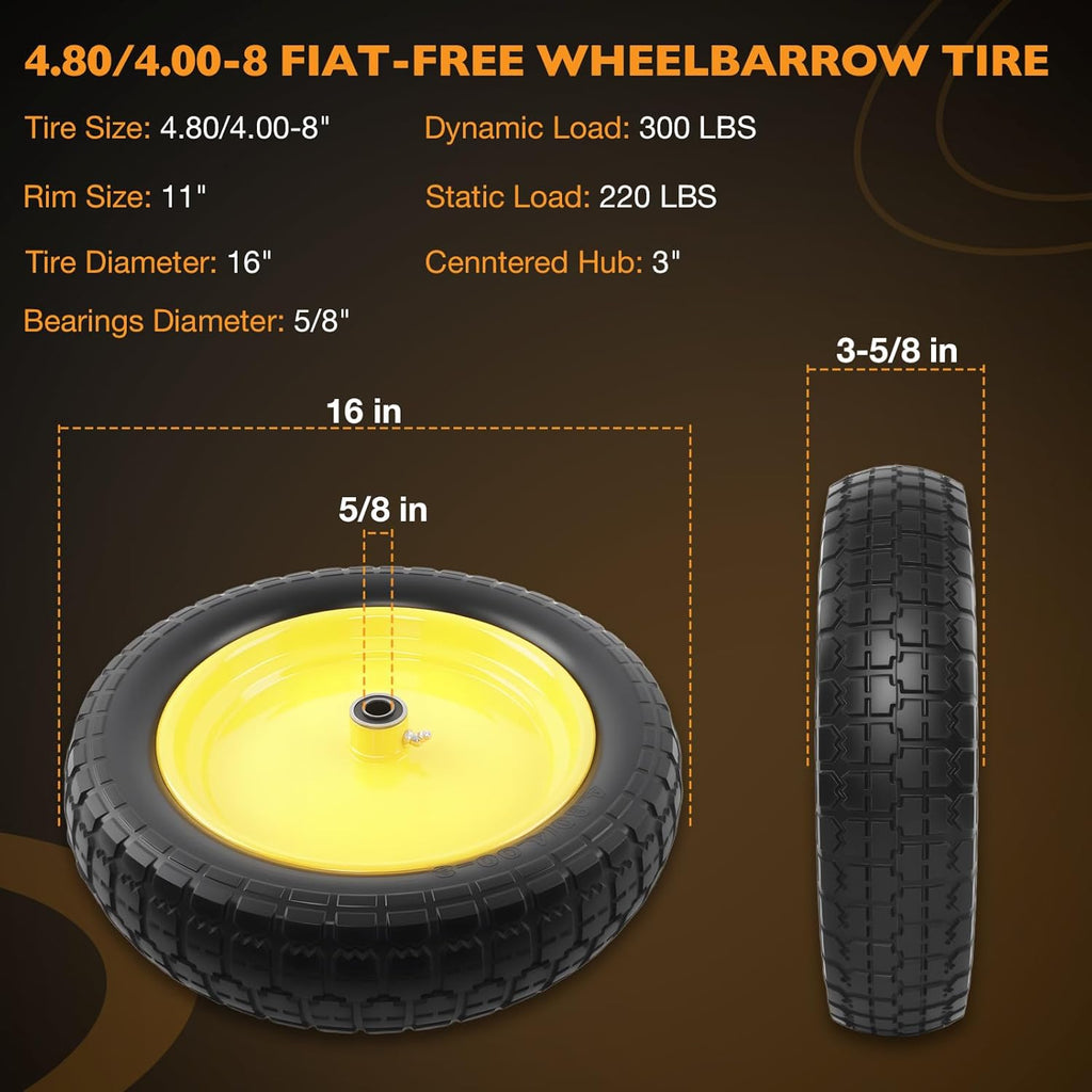 HQPASFY 16" Flat Free Tire 4.80/4.00-8 Wheelbarrow Tire and Wheel, 3" Centered Hub, 5/8" & 3/4" Bearings – Solid No-Flat Replacement for Wheelbarrows, Garden Carts, Dump Carts, Lawn Equipment
