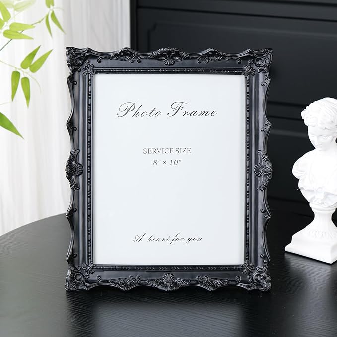 Cuspin 8x10 Black Picture Frame, Handcrafted Resin Frame with Exquisite Carved Details & Glass Front, Vintage Antique Design for Wall Hanging or Tabletop Display, Home Decor