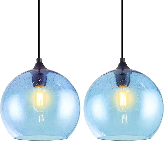Blue Pendant Lights Kitchen Island Lighting Modern Globe Hand Blown Glass Pendant Light Ceiling Hanging Light fixtures for Kitchen Island Bedroom Living Dining Room Light Fixture,7.8in 2Pack