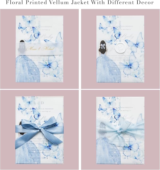 PONATIA 50 PCS Vellum Jackets for 5x7 Invitations - Vellum Paper 5x7 Jackets - 135GSM Blue Girl Butterfly Quinceanera Invitations Wraps - Transparent Cards