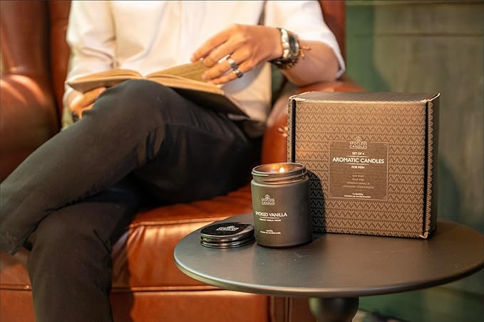 Scented Candles for Men - 200 Hours Burn Time in Gift Box & Protective Shipper - Men Candle Set x 4 - Cedarwood & Lavender/Bay Rum/Pine Tar/Smoke & Vanilla - Spotless Leopard