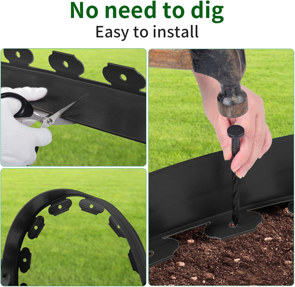 4 in x 100 Ft Garden Landscape Edging, No Dig Garden Edging Border Kit with 184 Pcs Spikes for Flower Bed Lawn Yard Grass Black