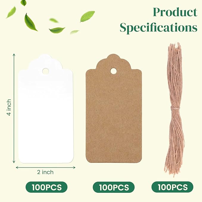 SallyFashion 200pcs Gift Tags with String Attached, 2x4 inch Kraft Paper Hang Tags for Clothes DIY Crafts Wedding Holiday (Brown White)