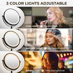 8" Wall Mounted Lighted Makeup Mirror, 3000mAh Rechargeable Double Sided 1X/10X Magnifying Mirror with Hook, 3 Color Lights Touch Dimmable 360° Rotation Vanity Mirror for Bathroom (Black)