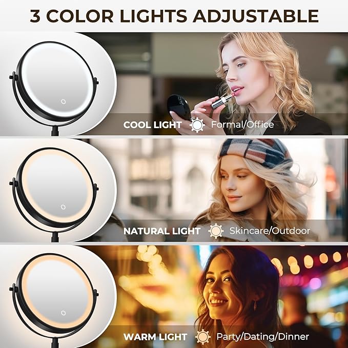 8" Wall Mounted Lighted Makeup Mirror, 3000mAh Rechargeable Double Sided 1X/10X Magnifying Mirror with Hook, 3 Color Lights Touch Dimmable 360° Rotation Vanity Mirror for Bathroom (Black)
