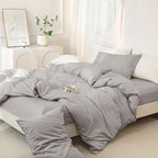 JIYUAN 100% Washed Cotton Duvet Cover Set 3 Pieces Queen, 1 Duvet Cover 90x90 Inches(Comforter Not Included) and 2 Pillowcases,Linen Feel Bedding Set Comfy and Breathable, Heathered Pastel Grey