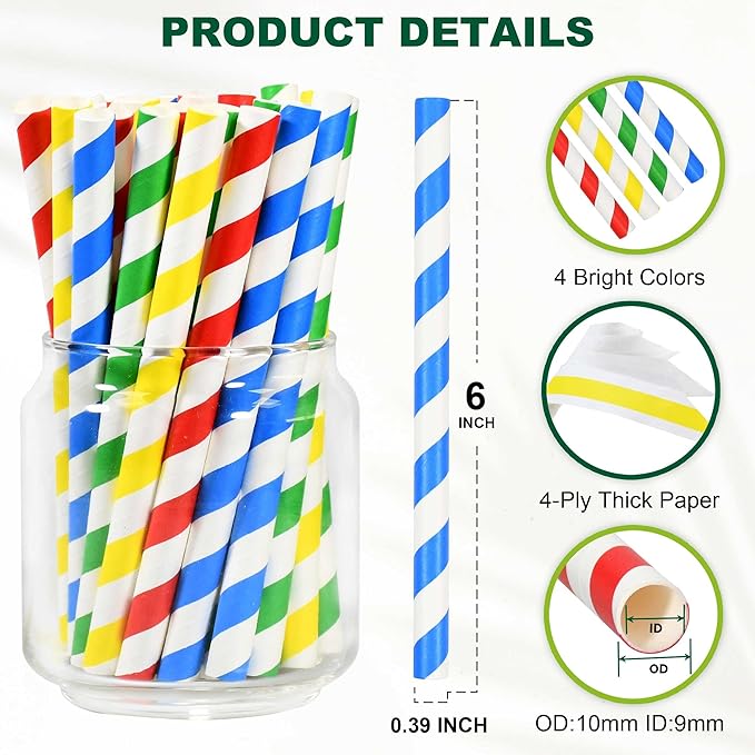[10mm Wide] Chunspak 6" Short Fat Colorful Striped Paper Drinking Straws Disposable 100 Counts for Smoothie, Milkshakes, Thick Drinks - Biodegradable