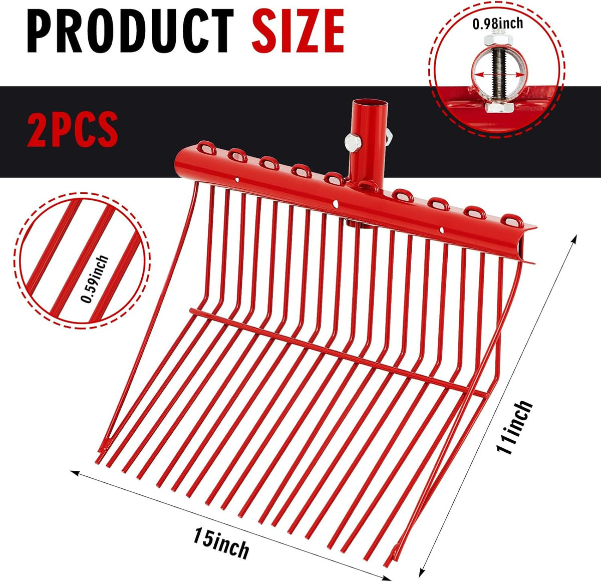 Tandefio 2 Pack Pitchfork Replacement Head Metal Horse Manure Rake Gardening Pitch Fork with Angled Tines for Horse Stall Poop Picking up(Red)