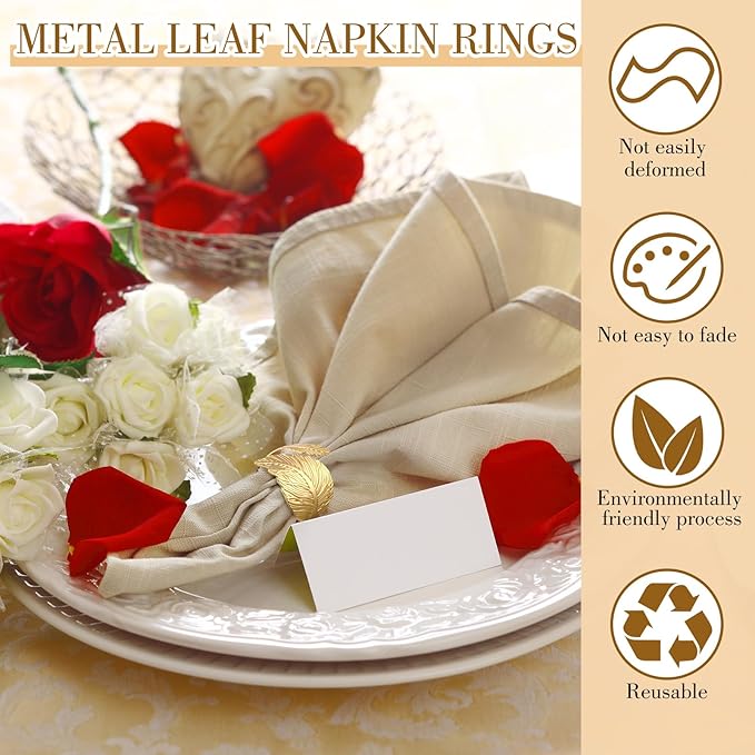 Bokon 50 Pcs Gold Napkin Rings Metal Leaf Napkin Holders Delicate Rings Bulk for Wedding Birthday Party Banquet Decoration(Willow Leaves)