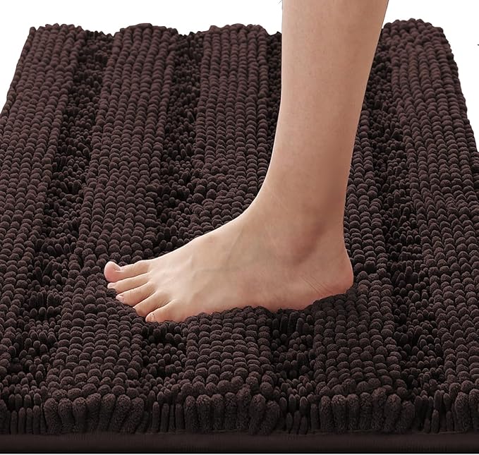 H.VERSAILTEX Bathroom Rugs Bath Rugs for Bathroom Non Slip Bath Mats Extra Thick Chenille Striped Rug 17" x 24" Absorbent Soft Shaggy Washable Dry Fast Bath Mats for Bath Room Floor - Chocolate
