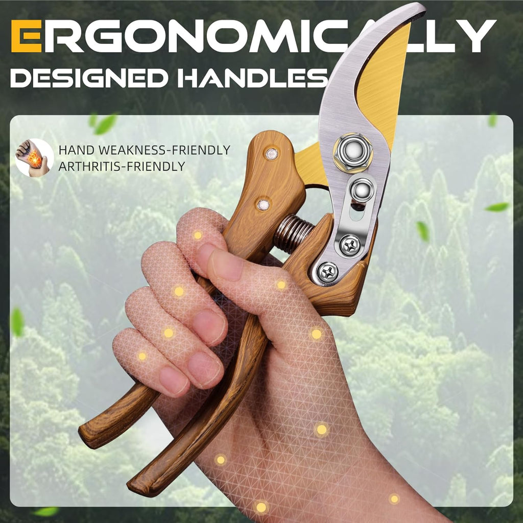8.5" Professional Bypass Pruning Shears – Heavy Duty Garden Scissors & Clippers for Wood & Tree Trimming, Ultra Sharp SK5 Blade, Ergonomic Handle, Perfect Gardening Gift, 2025 Wood-Like Finish