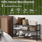 Long Shoe Rack, 3-Tier Bamboo Stackable Shoe Shelf Storage Organizer, Shoe Stand for Closet, Entryway and Hallway