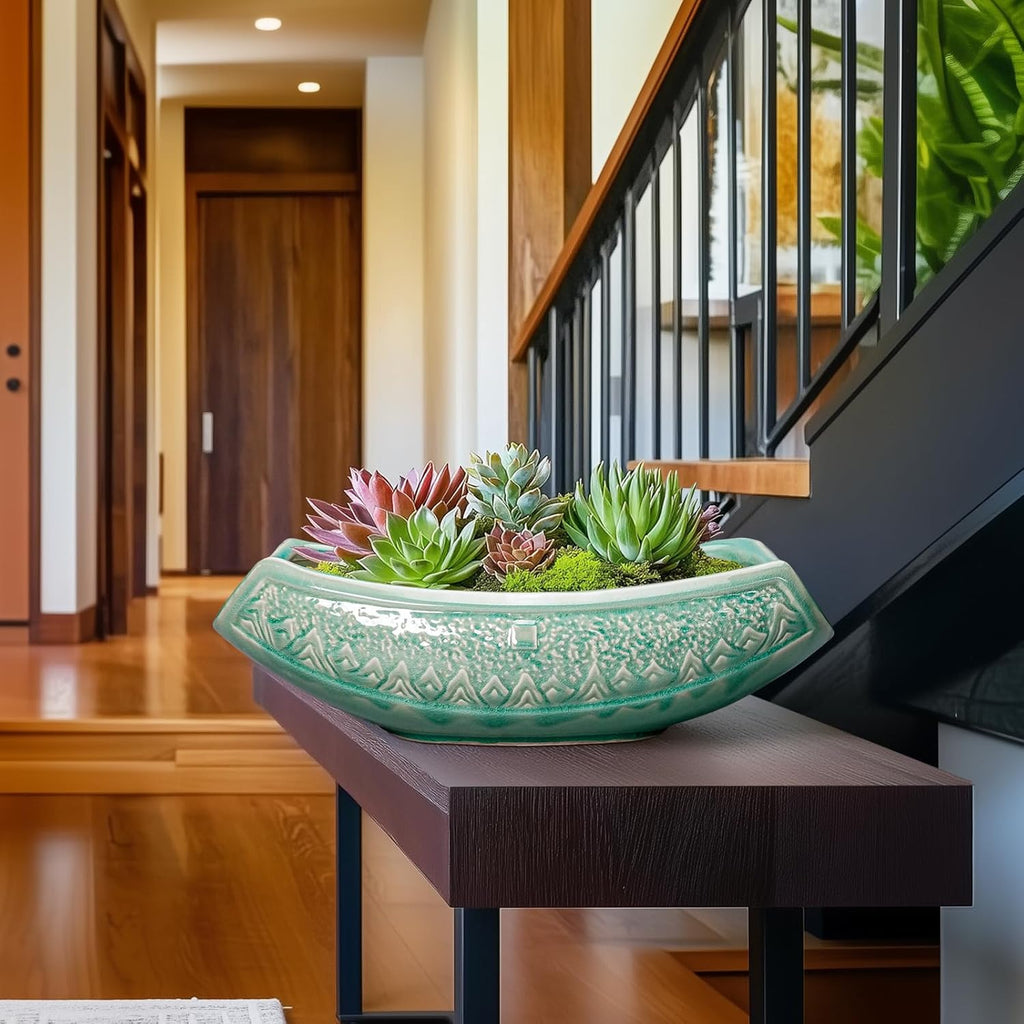 Bonsai Tree Pot - 18 Inch Ceramic Succulent Pots for Indoor Outdoor, Large Bonsai Planter with Drainage Hole, Ceramic Flower Pot, Decorative Planter, Gifts for Plant Lovers, Room Decor, Green