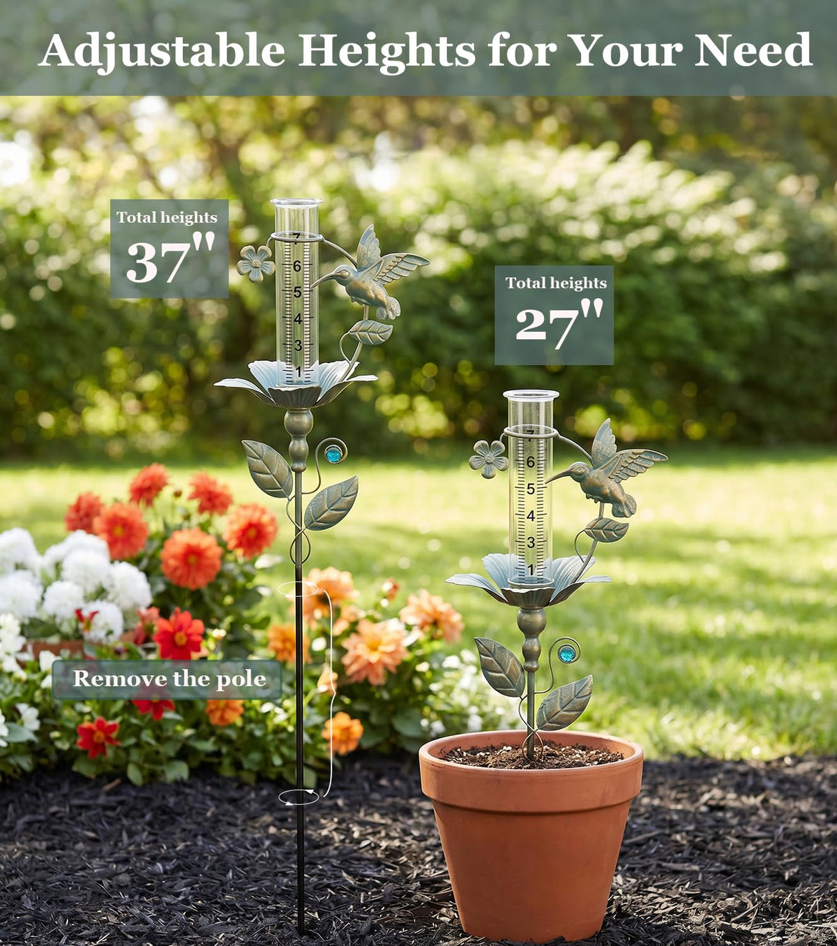 shumi Rain Gauge Outdoor, 7" Hummingbird Rain Gauge for Garden Decor
