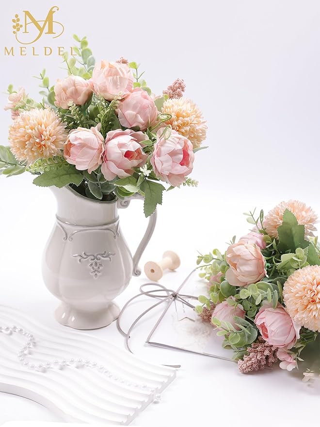 Meldel 3Pcs Peony Bouquet Light Pink Champagne Rose Artificial Flowers Eucalyptus Plants Silk Flower Arrangements Wedding Bouquets Decorations Plastic Floral Centerpieces for Home Kitchen Party Decor