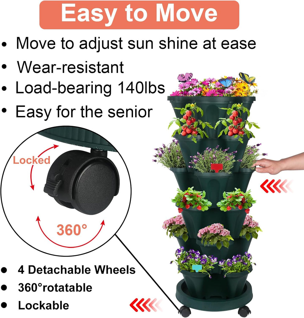 Vertical Planter, 6 Tier Stackable Strawberry Planter with Garden Tool Set, Movable Indoor/Outdoor Garden Herb Pot for Growing Vegetables and Succulents, Green