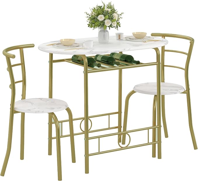 VECELO 3-Piece Dining Table Set for Kitchen Breakfast Nook, Wood Grain Oval Tabletop and Metal Frame with Built-in Wine Rack, for Small Spaces, White & Gold