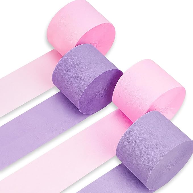 PartyWoo Pink and Purple Crepe Paper Streamers 4pcs 328ft Pack of Light Pastel Baby Pink and Purple Crepe Paper Streamers for Birthday Gender Reveal Baby Shower Princess Butterfly Party Decorations